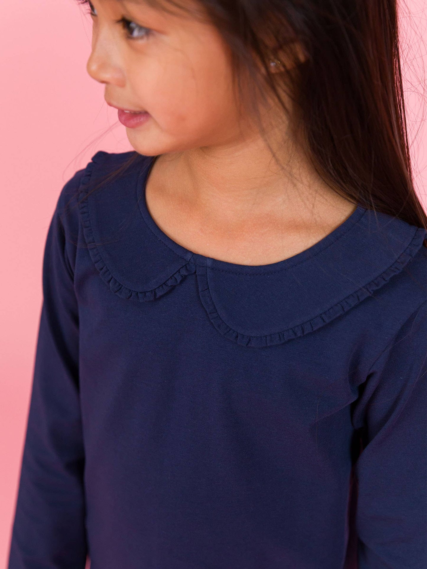 Girls Dark Navy Ruffle Peter Pan Collar Long Sleeve Knit Top