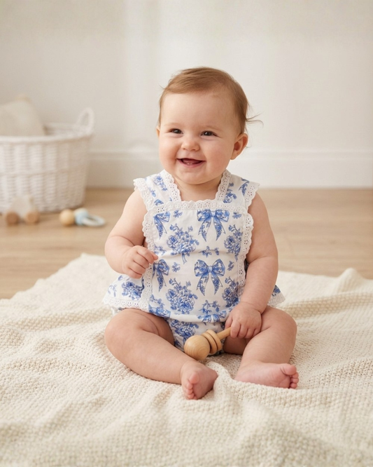 Blue and White Print Apron Ruffle Romper