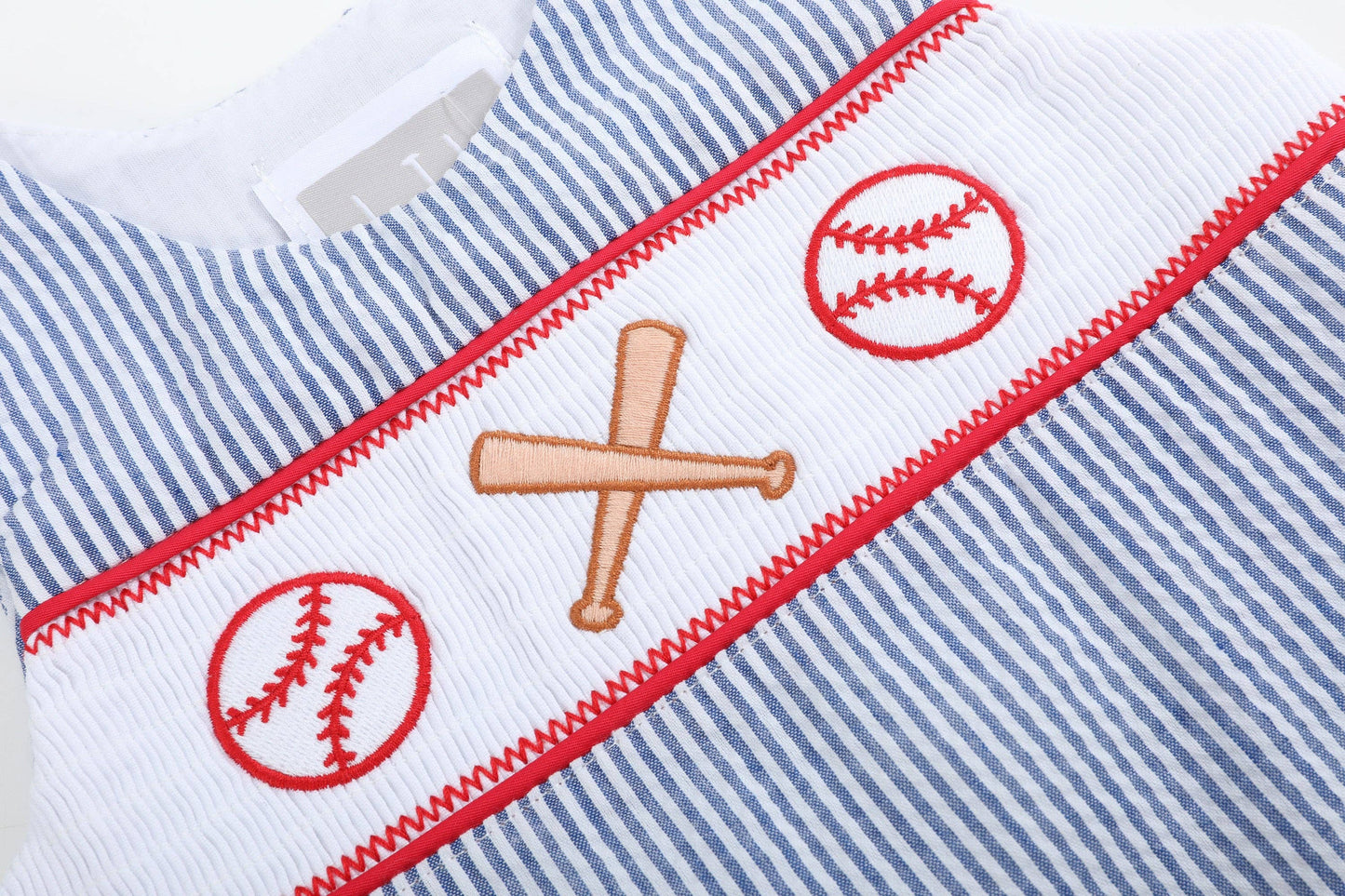 Blue Seersucker Baseball Smocked Jon Jon