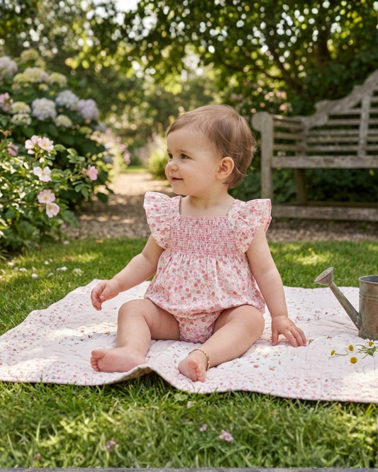 Floral Strawberry Smocked Flutter Bubble