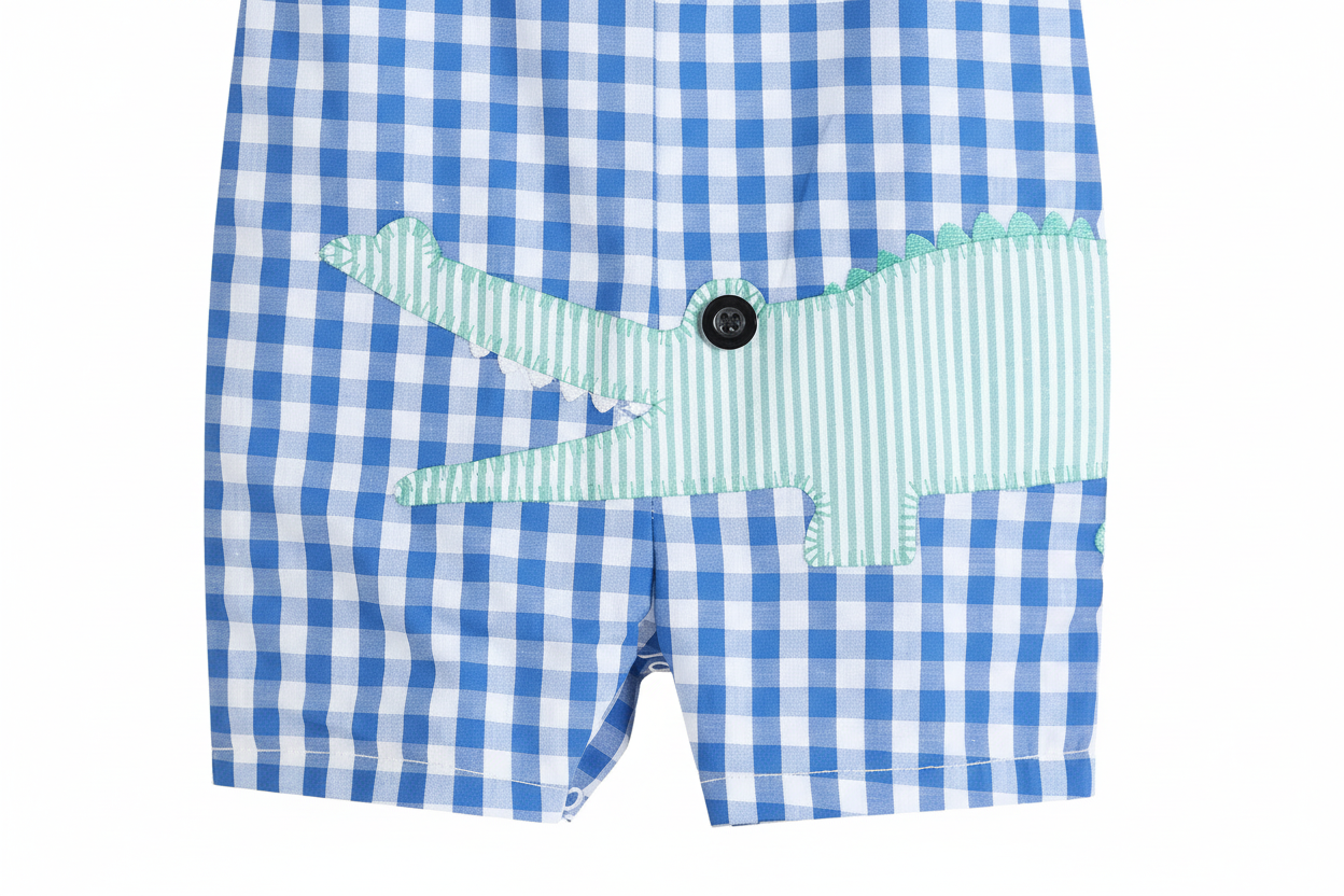 Royal Blue Gingham Alligator Applique Shortalls