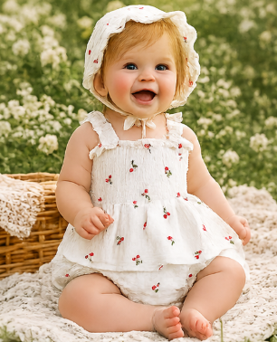Cherry Smocked Baby Romper with Matching Hat