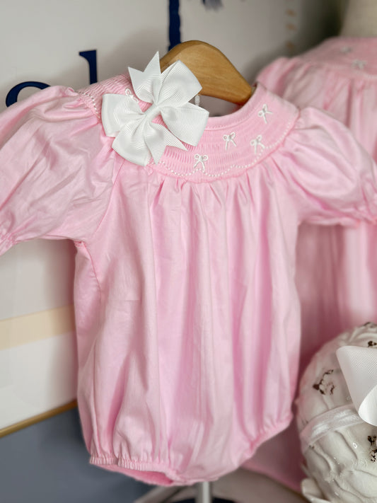 White Bow Smock Embroidered Pink Romper