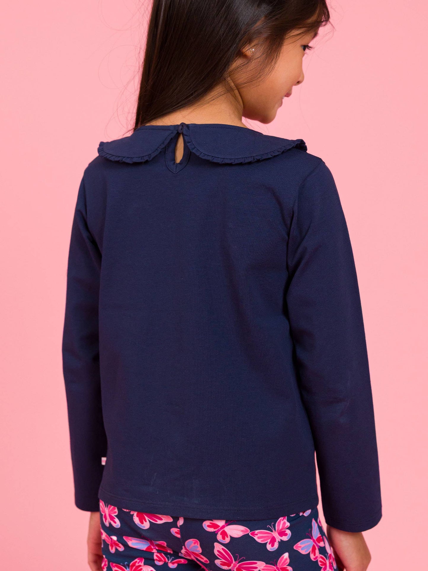 Girls Dark Navy Ruffle Peter Pan Collar Long Sleeve Knit Top
