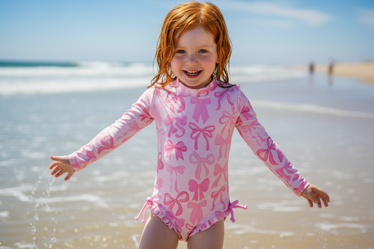 Bow Print Girls Long Sleeve Ruffle Swimsuit