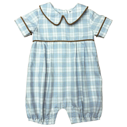 Classic blue plaid baby boy bubble romper with Peter Pan collar and brown piping by Palmetto Kids Boutique