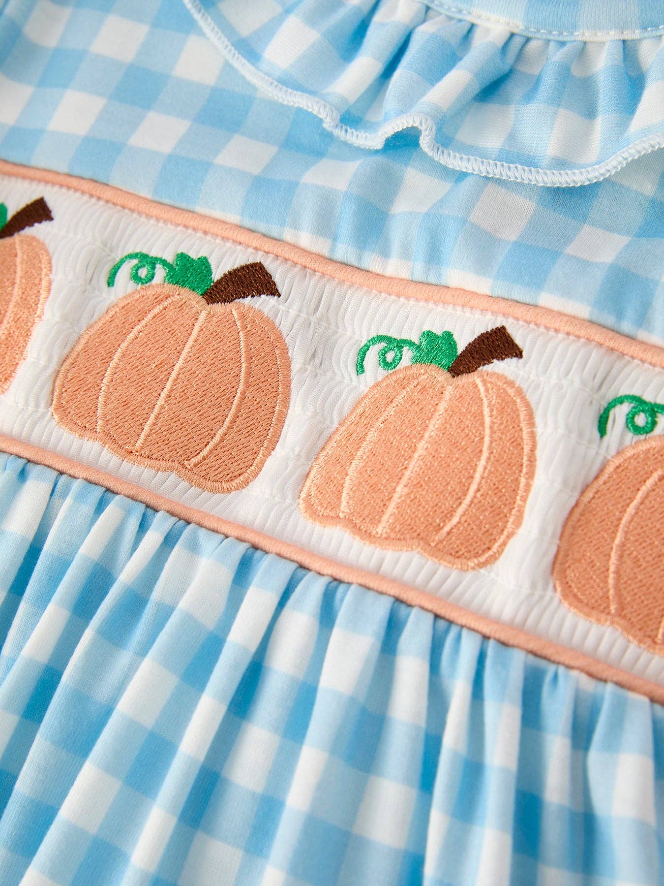Thanksgiving Pumpkin Embroidery Smocking Blue Plaid Dress