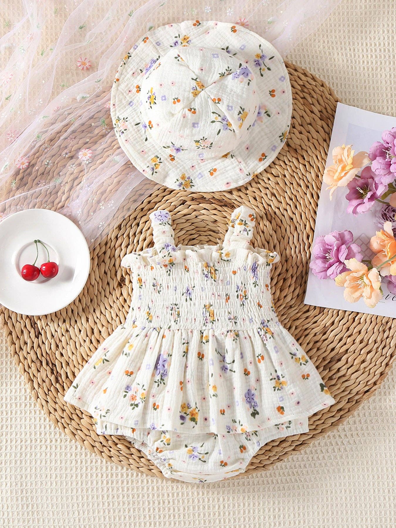 Floral Smocked Baby Romper with Matching Hat