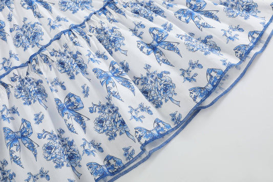 Blue Bow Toile Tiered Dress
