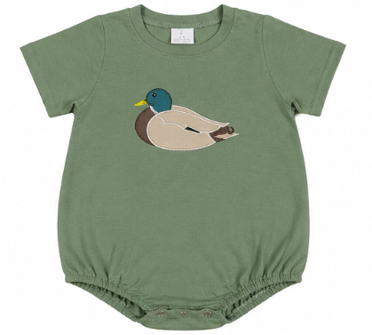 Sage green baby boy bubble romper featuring a classic mallard duck appliqué by Palmetto Kids Boutique.