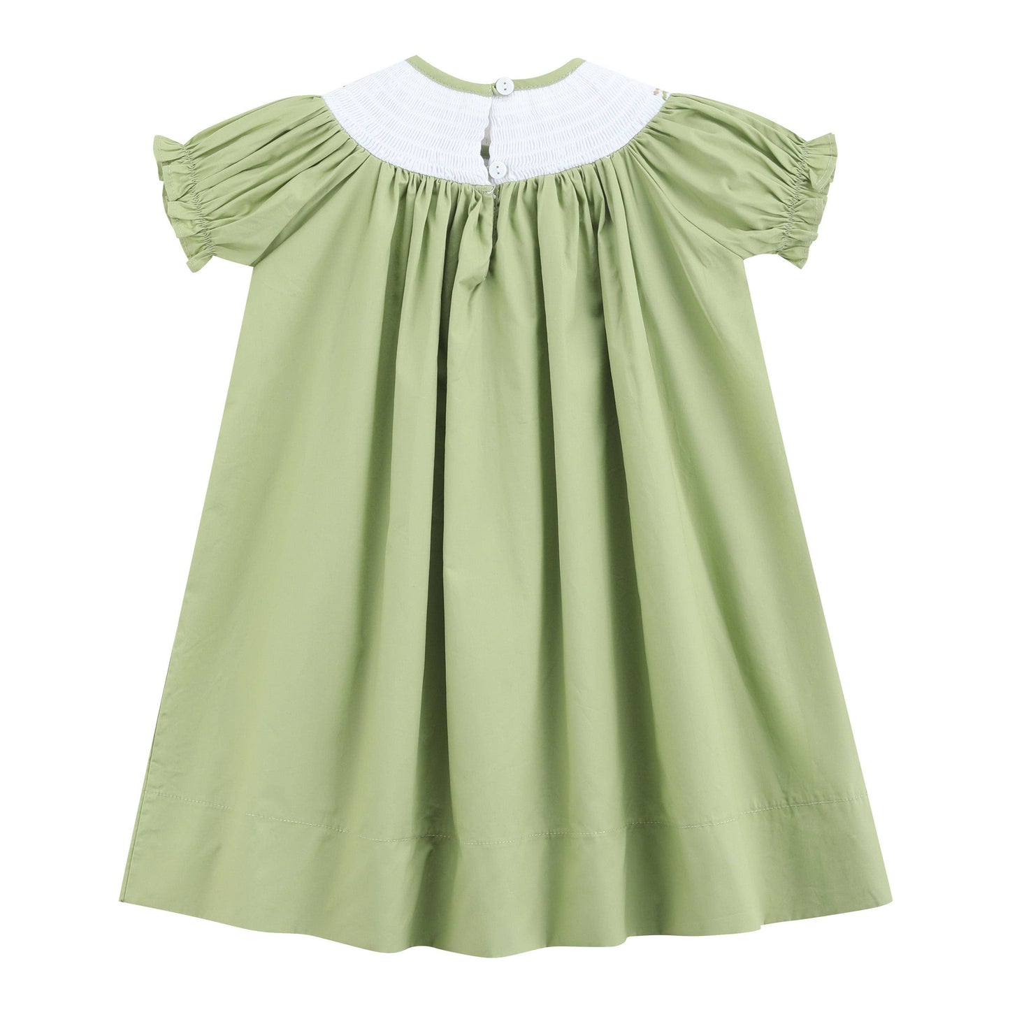 A light sage green baby dress with a white collar and short puff sleeves, shown against a plain white background.