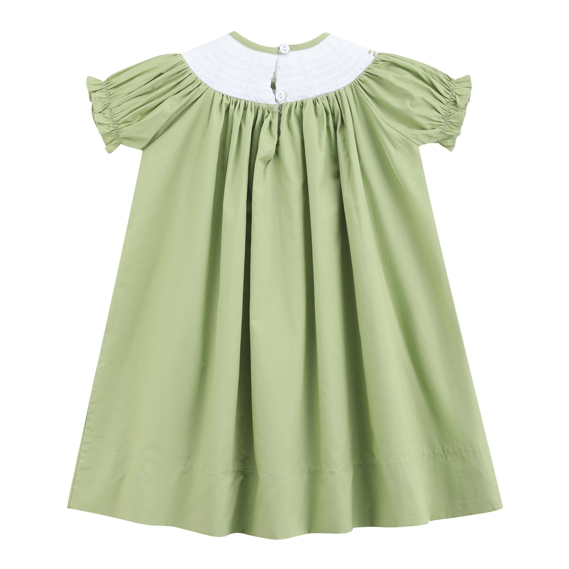 A light sage green baby dress with a white collar and short puff sleeves, shown against a plain white background.