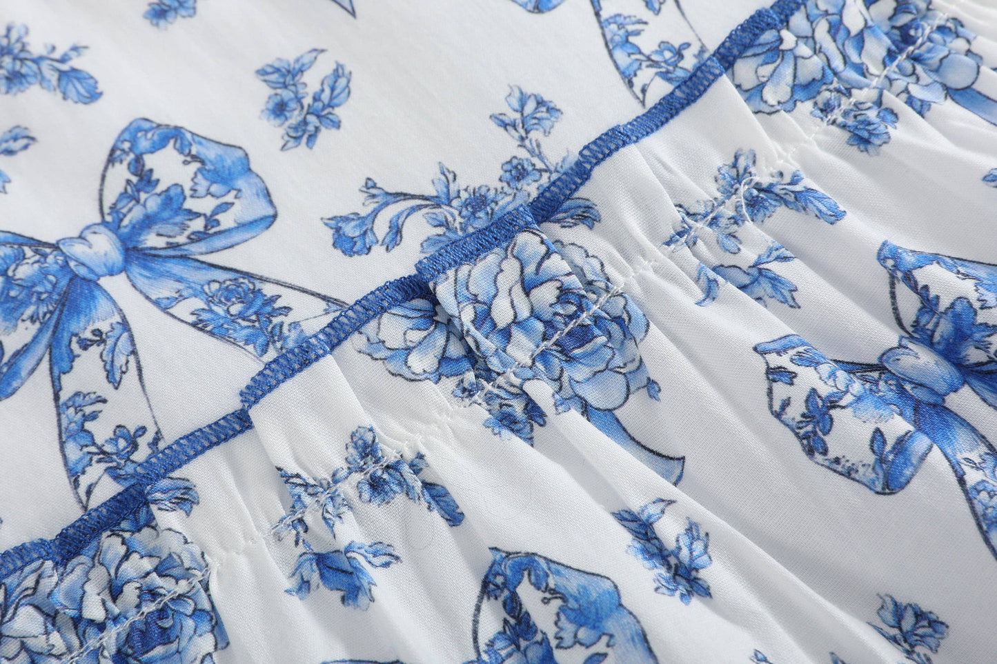 Blue Bow Toile Tiered Dress
