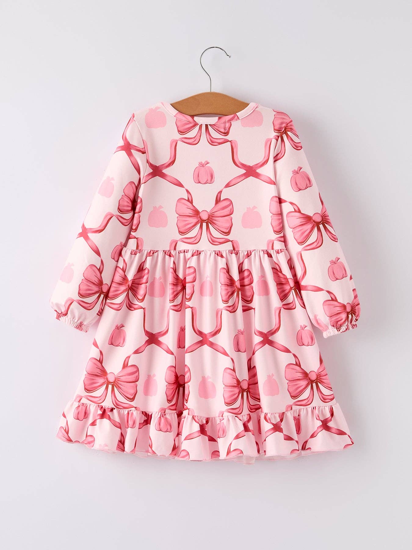 Autumn Bow Print Girls Long Sleeve Dress