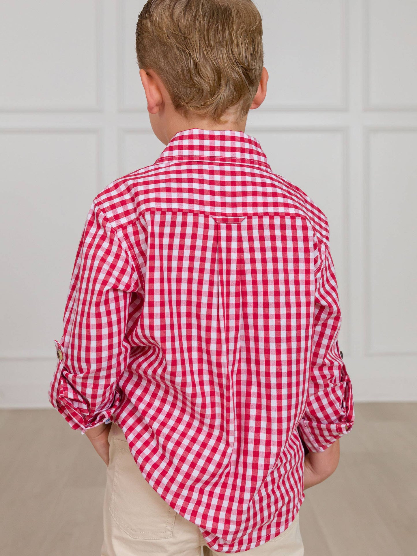 Boys Classic Red Gingham Long Sleeve Button Down: Red