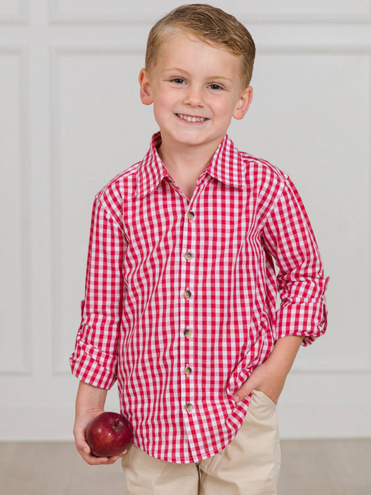 Boys Classic Red Gingham Long Sleeve Button Down: Red