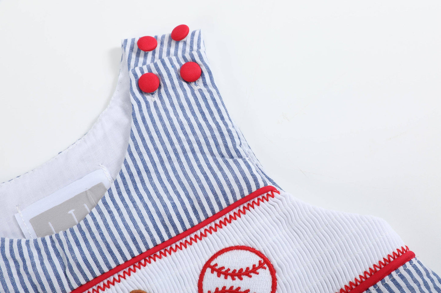 Blue Seersucker Baseball Smocked Jon Jon