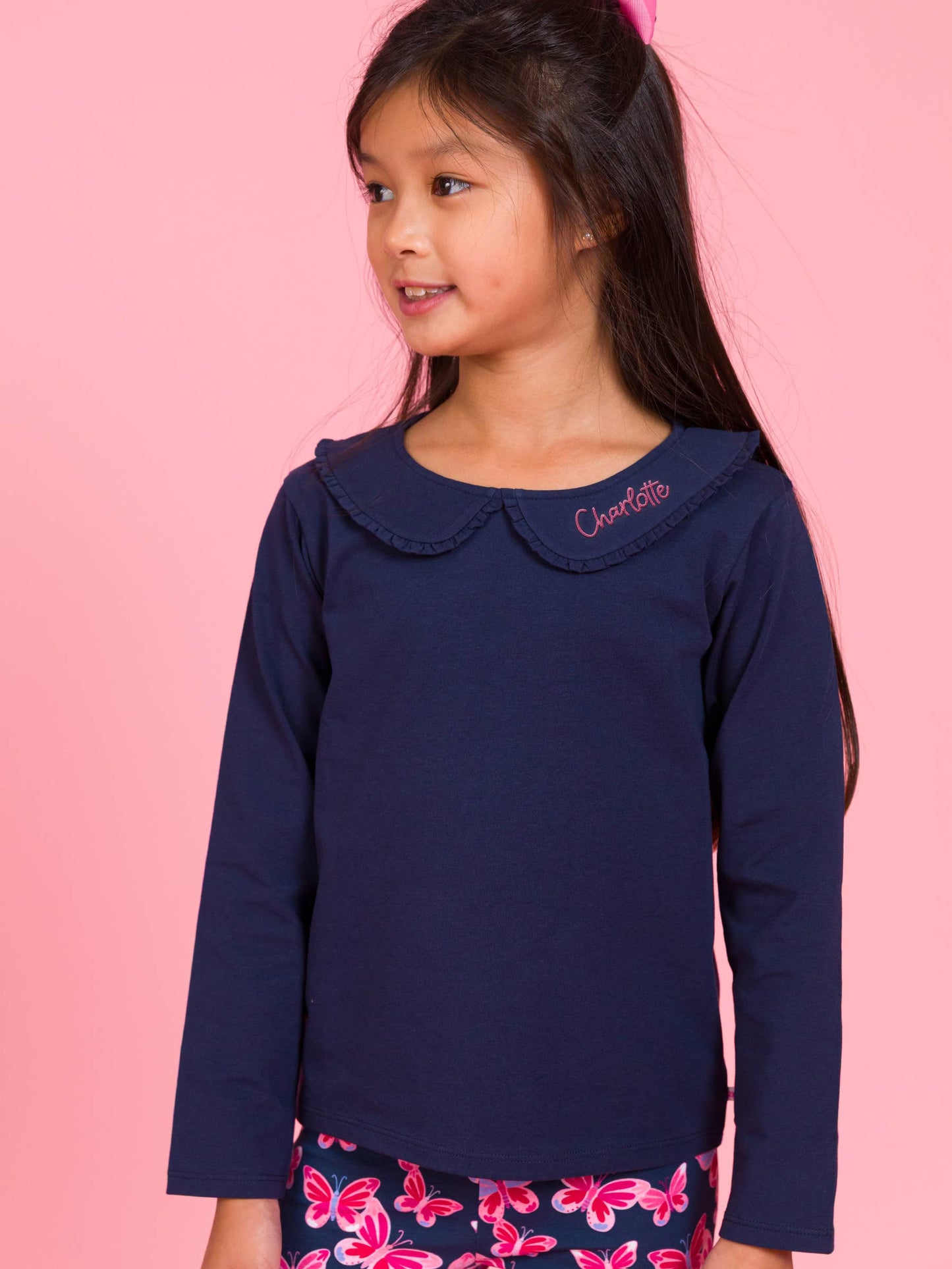 Girls Dark Navy Ruffle Peter Pan Collar Long Sleeve Knit Top