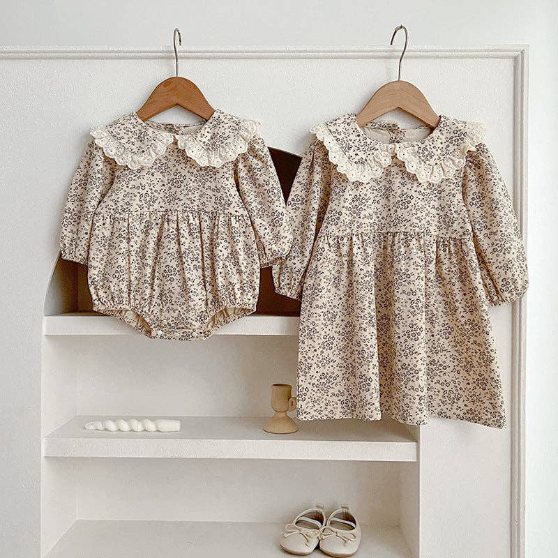 Lace Collar Baby Romper Girl's Floral Dress  Apricot