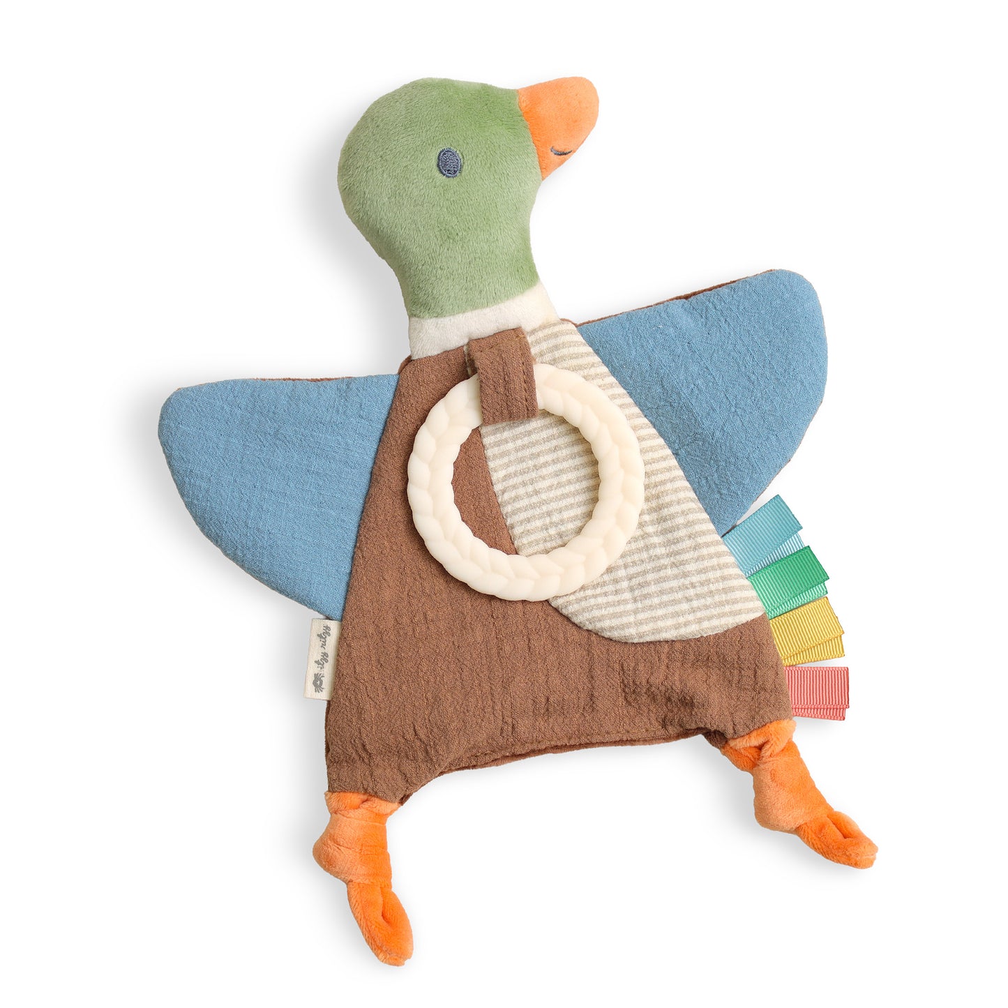 Full product view on white background Mallard Duck Crinkle Sensory Toy with Silicone teething ring brown blue and green.