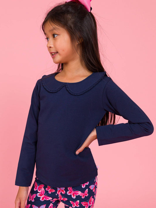 Girls Dark Navy Ruffle Peter Pan Collar Long Sleeve Knit Top
