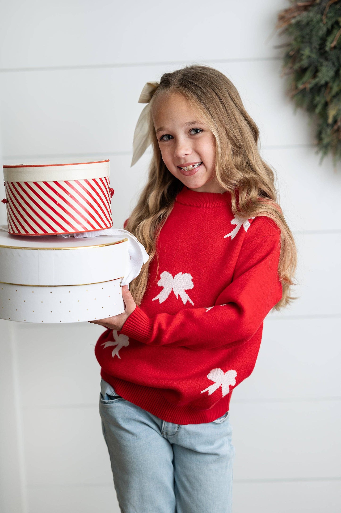 Kids Red Bow Crew Neck Christmas Holiday Winter Sweater