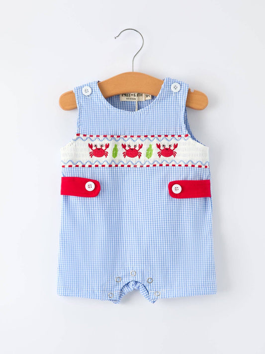 Crab Embroidered Boy Smocked Romper