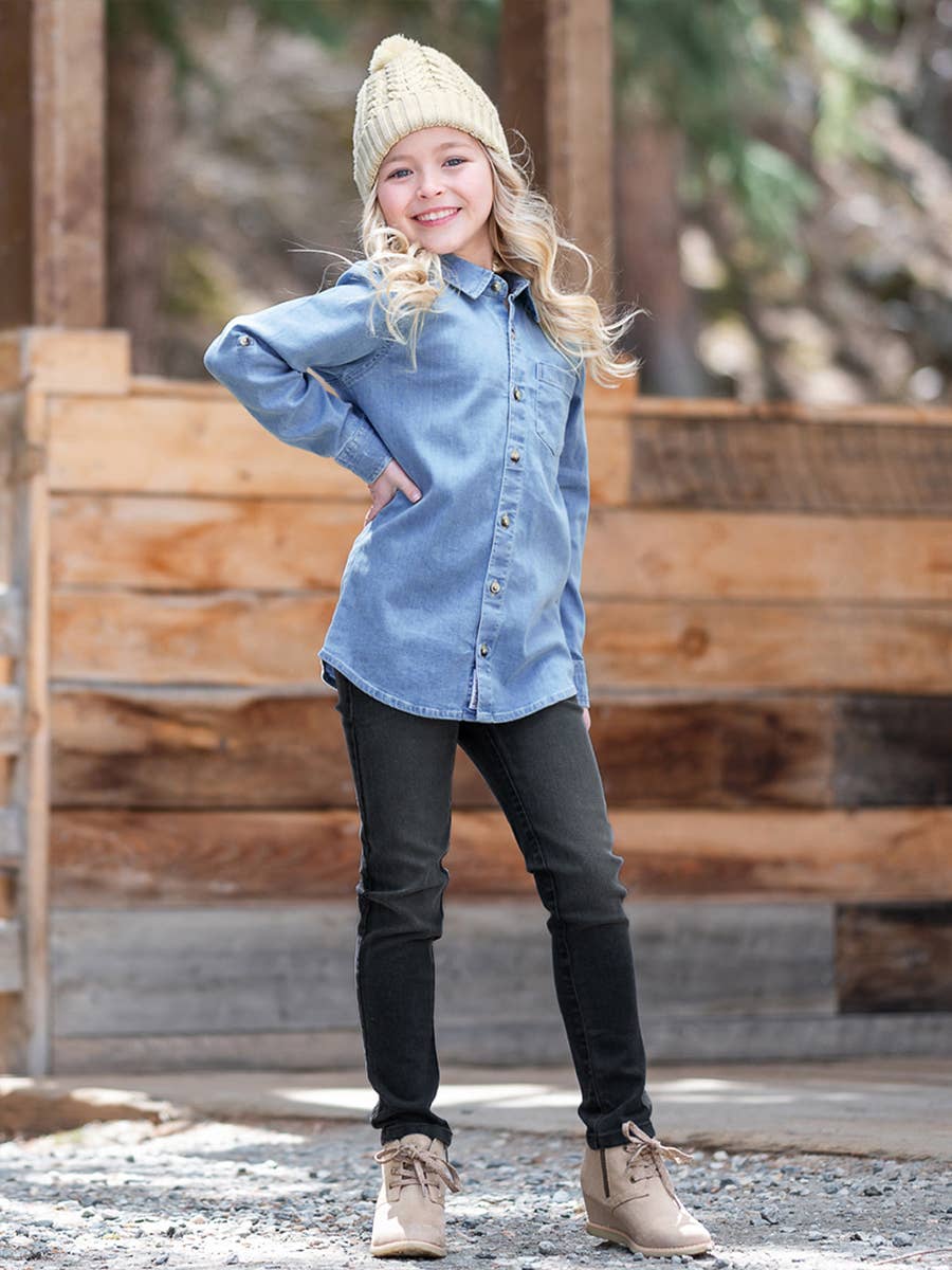 Boys Light Wash Long Sleeve Button Down: Blue