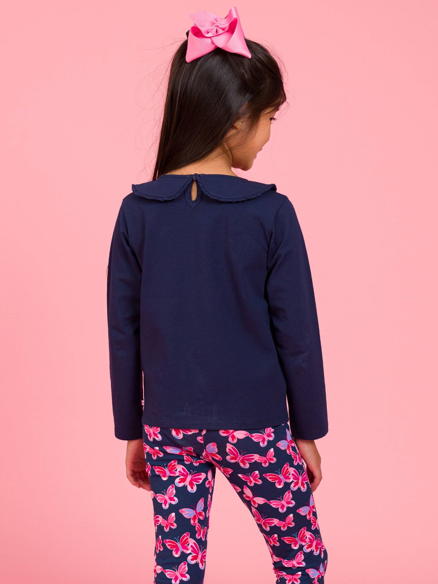 Girls Dark Navy Ruffle Peter Pan Collar Long Sleeve Knit Top