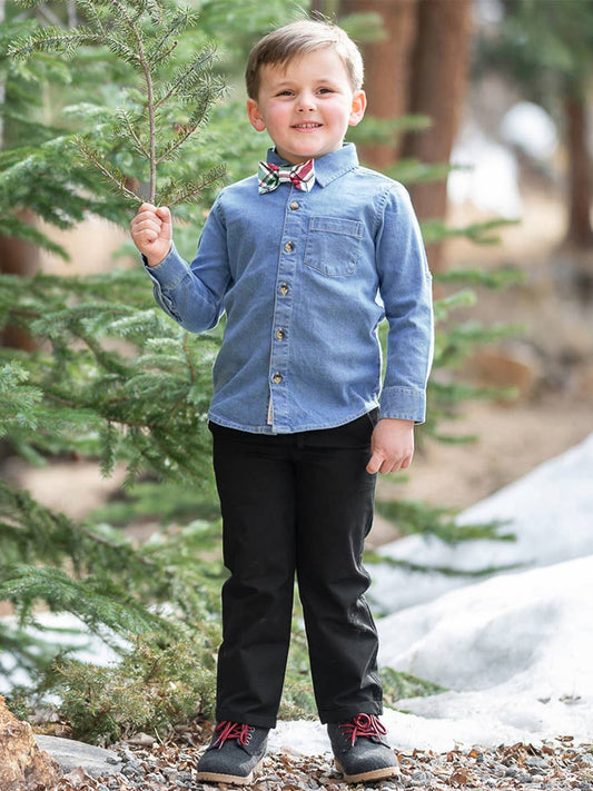 Boys Light Wash Long Sleeve Button Down: Blue