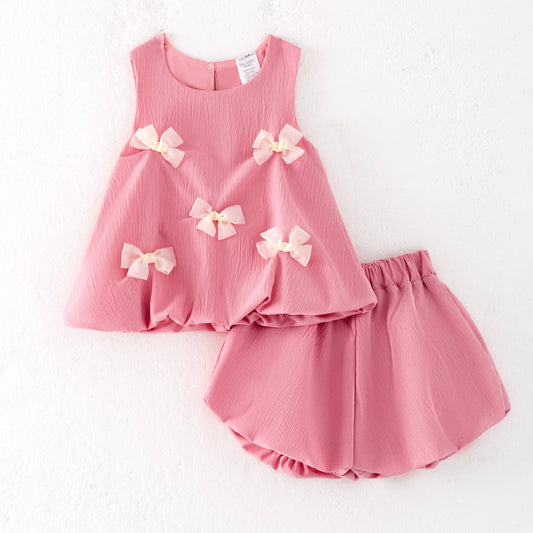 Girls Pink Bow Bubble Short Set