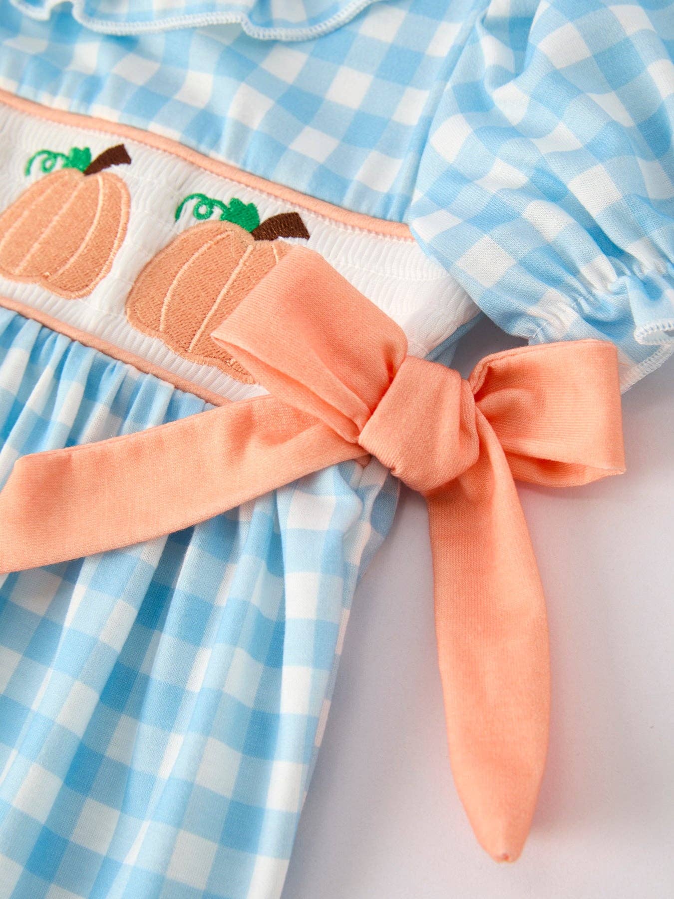 Thanksgiving Pumpkin Embroidery Smocking Blue Plaid Dress