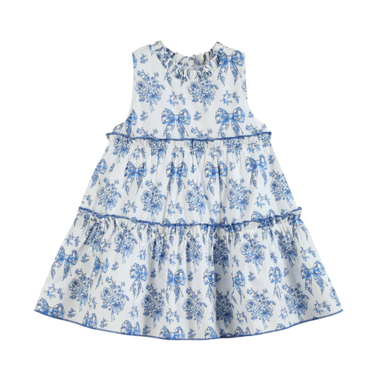 Blue Bow Toile Tiered Dress