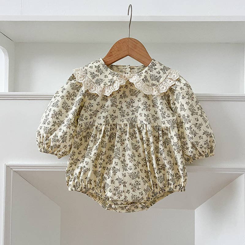Lace Collar Baby Romper Girl's Floral Dress  Apricot