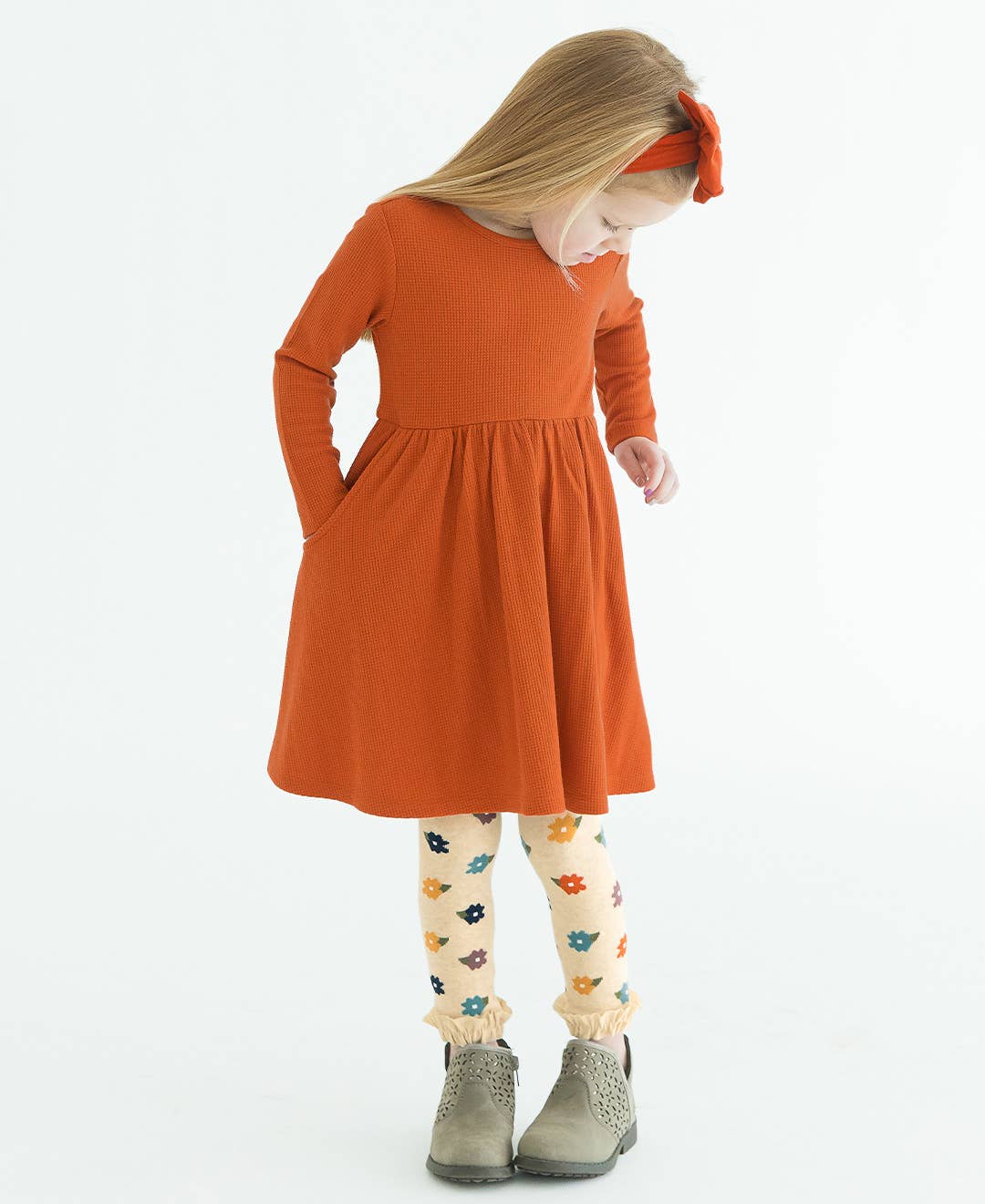 Girls Rust Waffle Knit Long Sleeve Twirl Dress