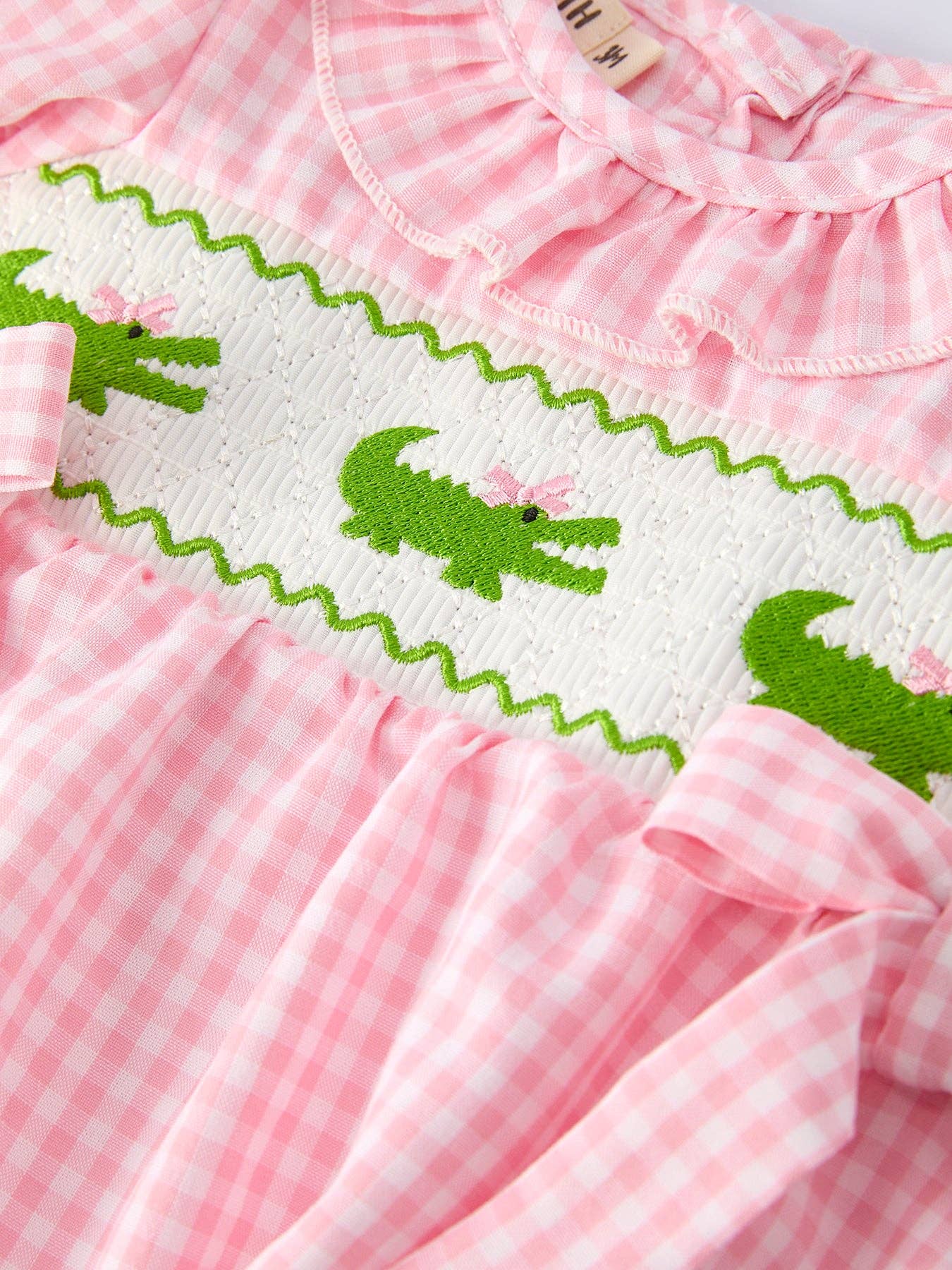 Girls Summer Crocodile Embroidered Smocked Romper