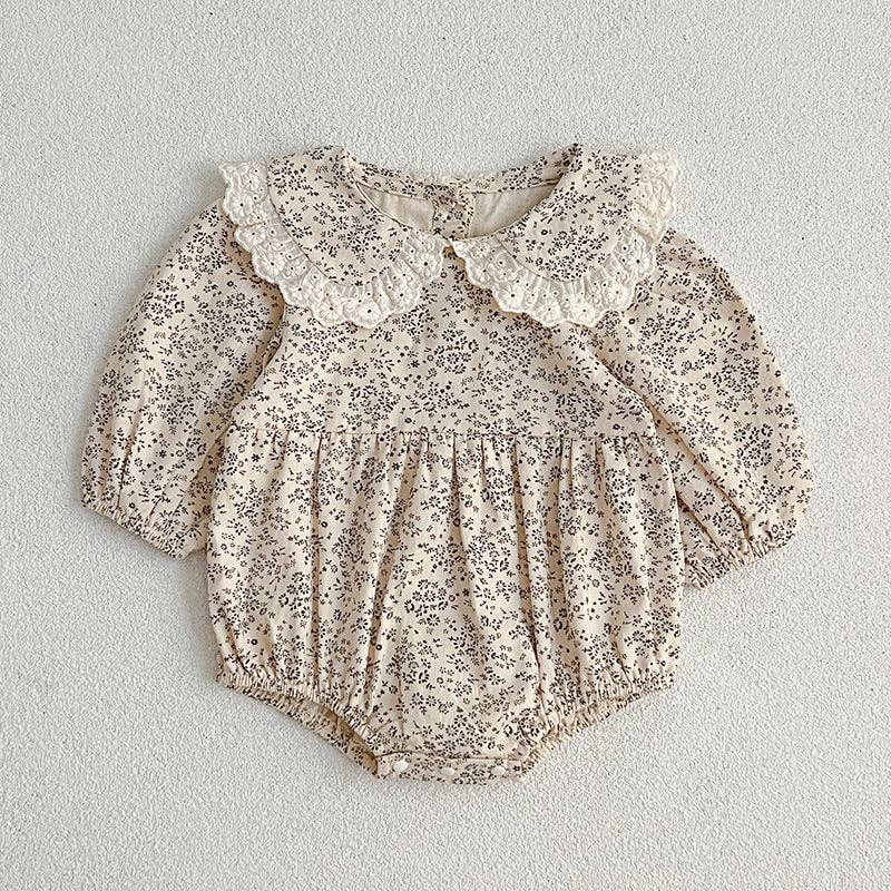Lace Collar Baby Romper Girl's Floral Dress  Apricot