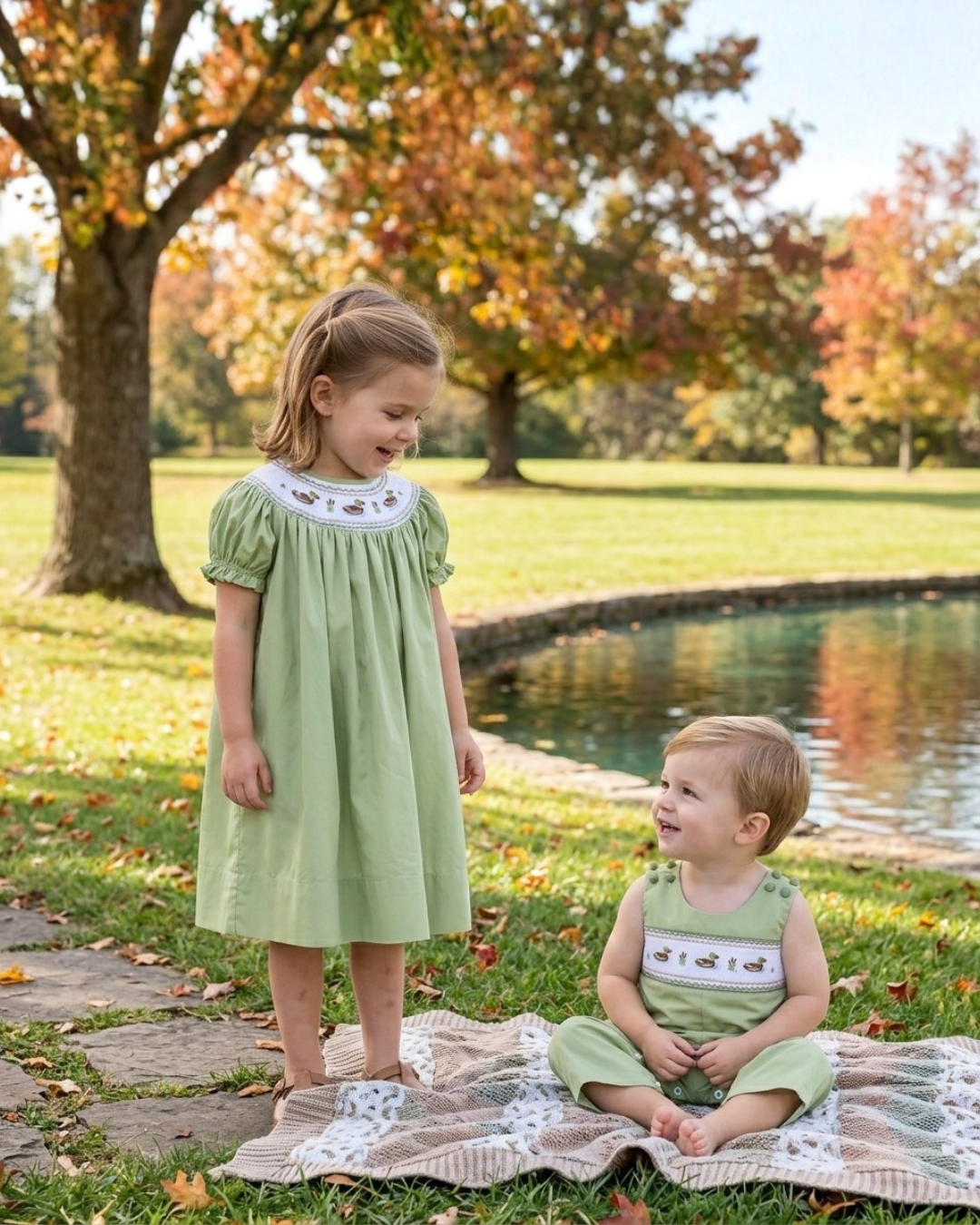 A young girl in a light green dress and a toddler in a matching green romper are posed outdoors on a blanket in a park setting with trees and a pond in the background.