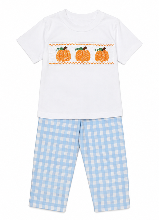 Toddler boys blue plaid smocked set with pumpkin embroidery, front view