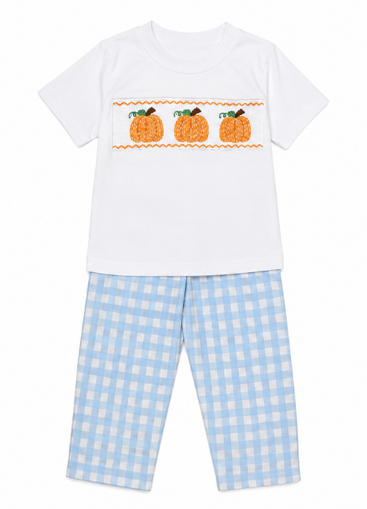 Toddler boys blue plaid smocked set with pumpkin embroidery, front view