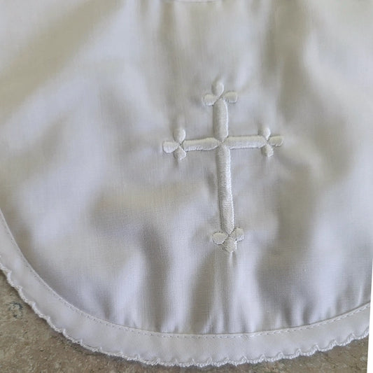 Embroidered Cross Christening Bib with Scallop Edge