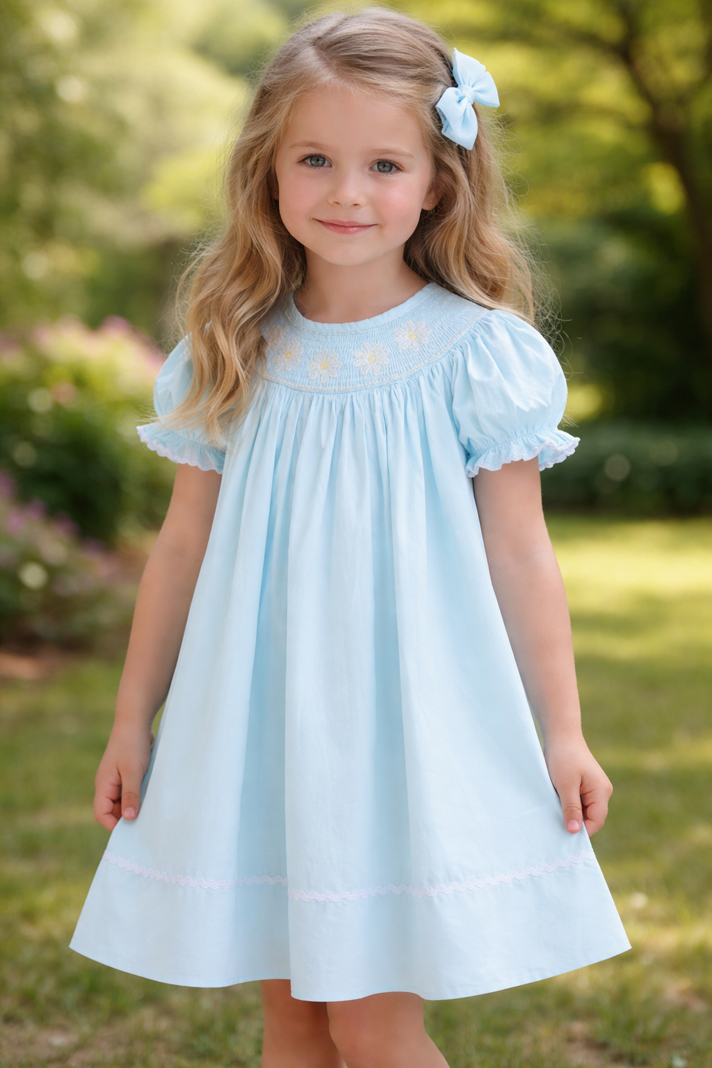 Light Blue Daisy Smocked Bishop Dress