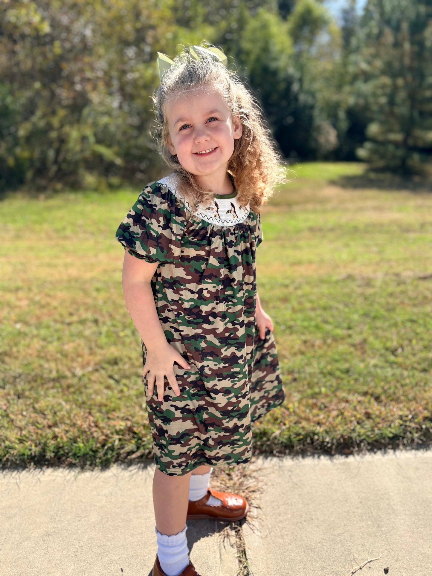 Camouflage Duck Smocking Embroidery Girls Dress