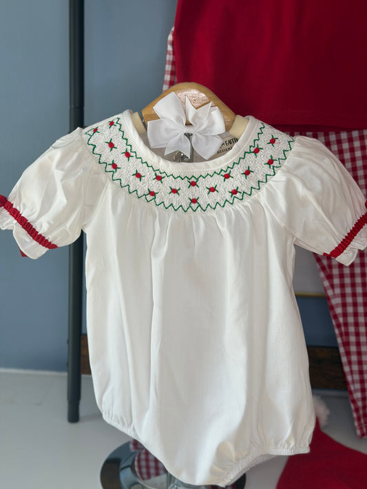 Christmas Girl's Romper : Delicate Embroidery with Red Bow Details