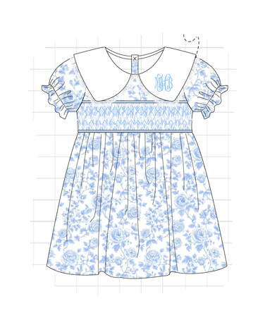 Blue Rose Smocked Dress with monogram