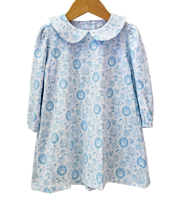 Blue Long Sleeve Christmas Toile Dress