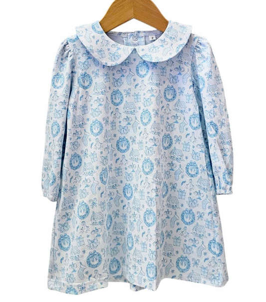 Blue Long Sleeve Christmas Toile Dress