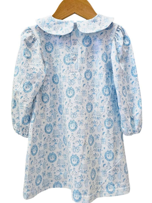 Blue Long Sleeve Christmas Toile Dress