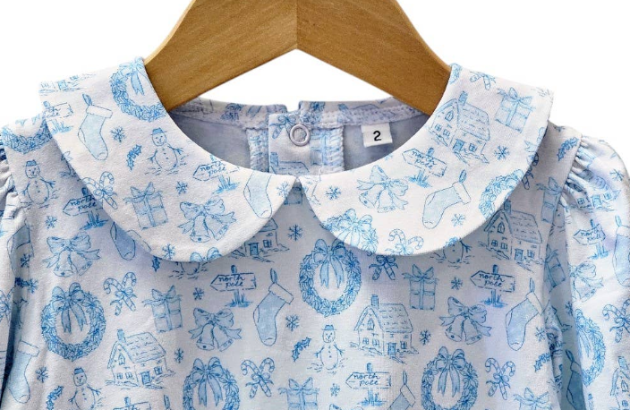 Blue Long Sleeve Christmas Toile Dress
