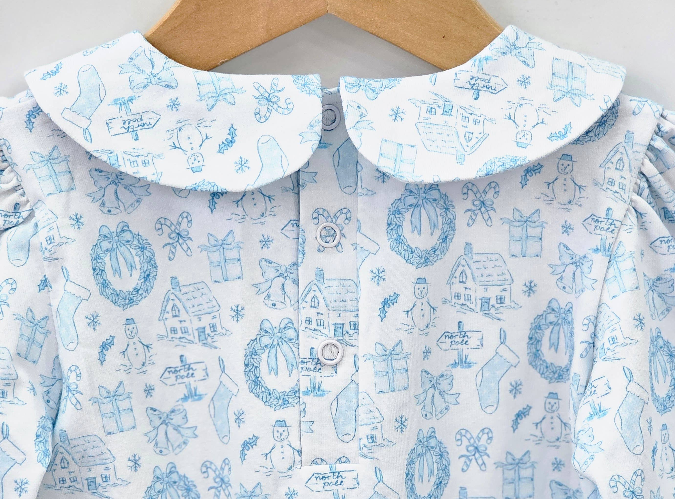 Blue Long Sleeve Christmas Toile Dress